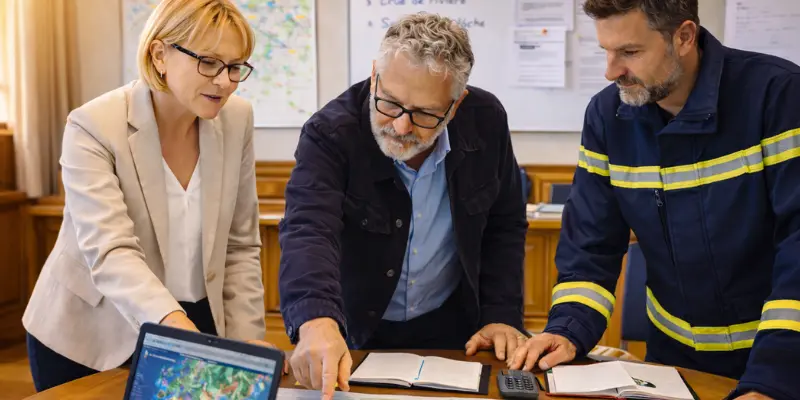 Élus locaux échangeant avec un sapeur-pompier sur la gestion de crise et le plan communal de sauvegarde
