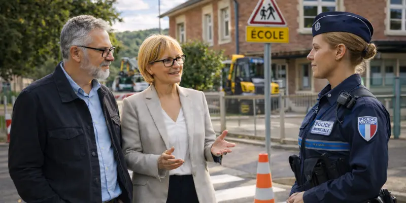 Élus locaux échangeant avec un agent de sécurité ou un sapeur-pompier sur les enjeux de sécurité dans la commune