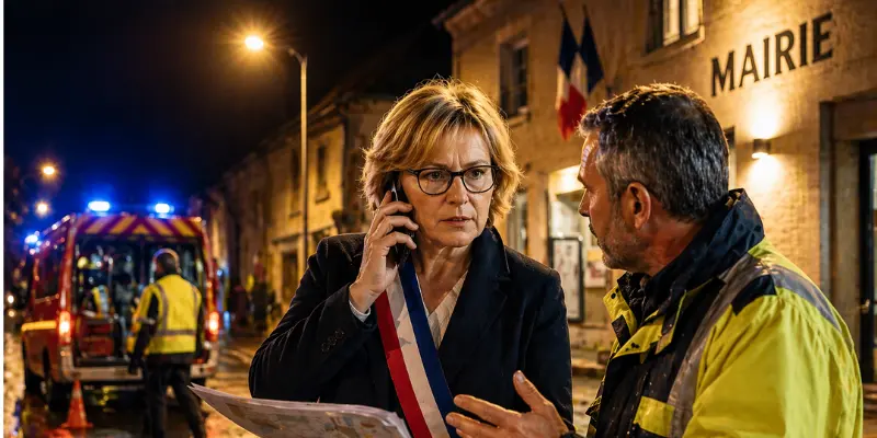 Maire en écharpe tricolore en astreinte de nuit devant la mairie, coordonnant l'intervention des pompiers avec un agent des services techniques